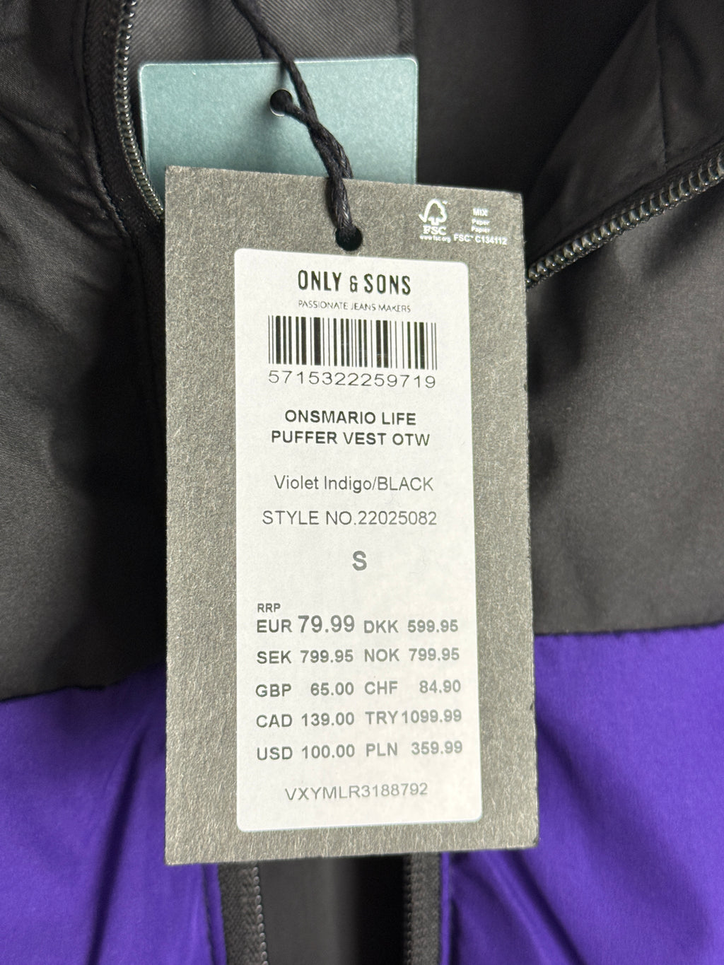 Only & Sons Onsmario Life Puffer Vest Pánská zimní vesta fialová S