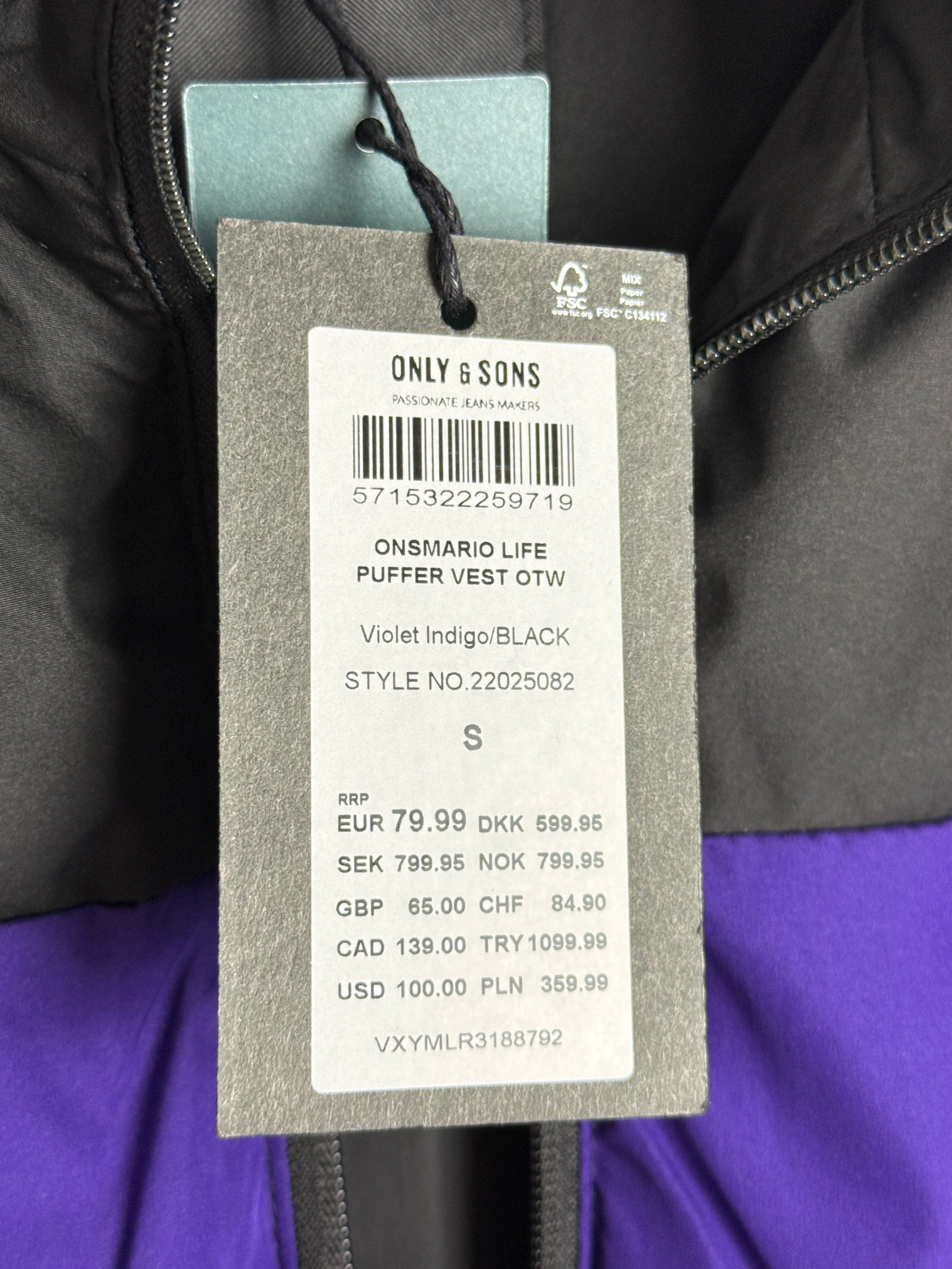 Only & Sons Onsmario Life Puffer Vest Pánská zimní vesta fialová S