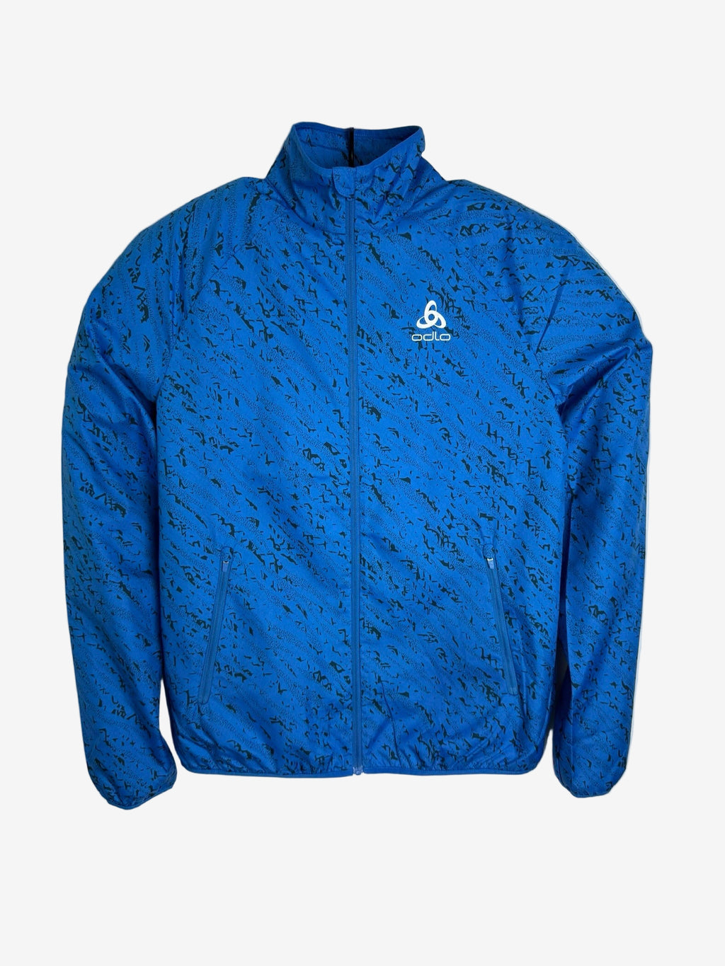 Blue jacket with a brand logo on a light gray background