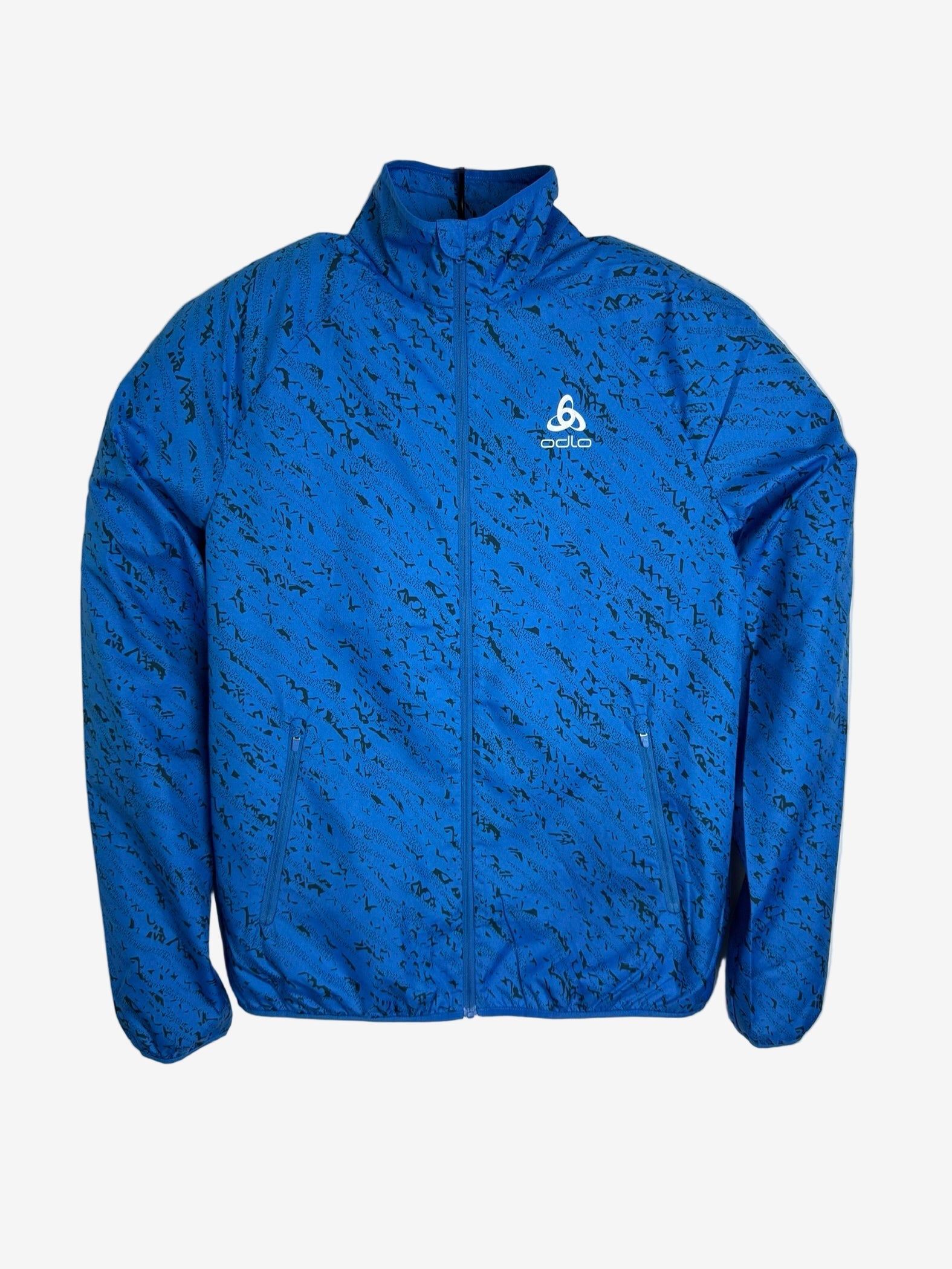 Blue jacket with a brand logo on a light gray background