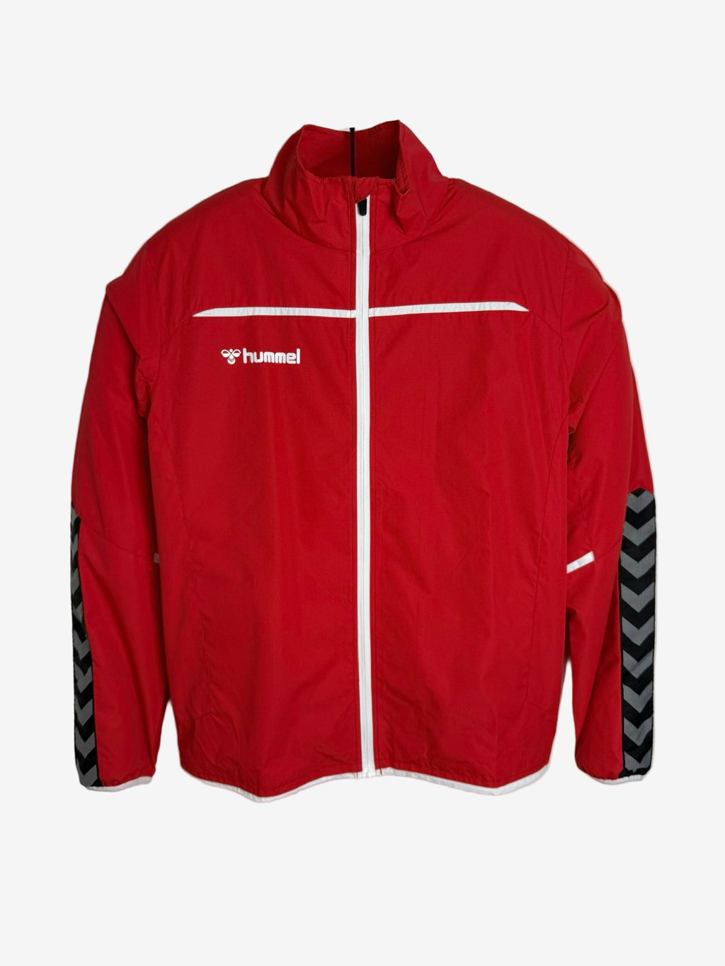 Red jacket with white zipper and black and gray sleeve patterns on a white background