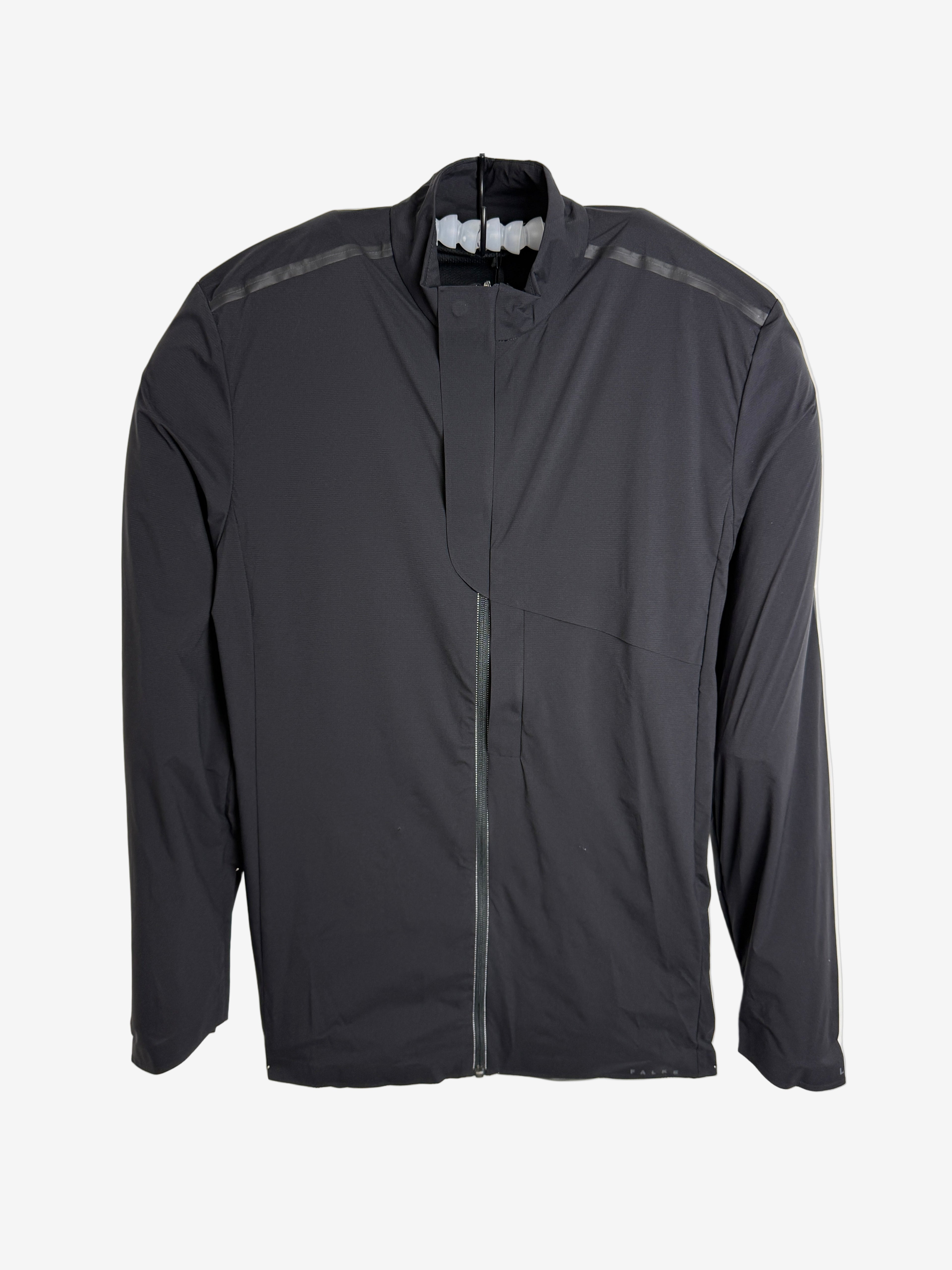 Dark gray jacket on a hanger against a white background