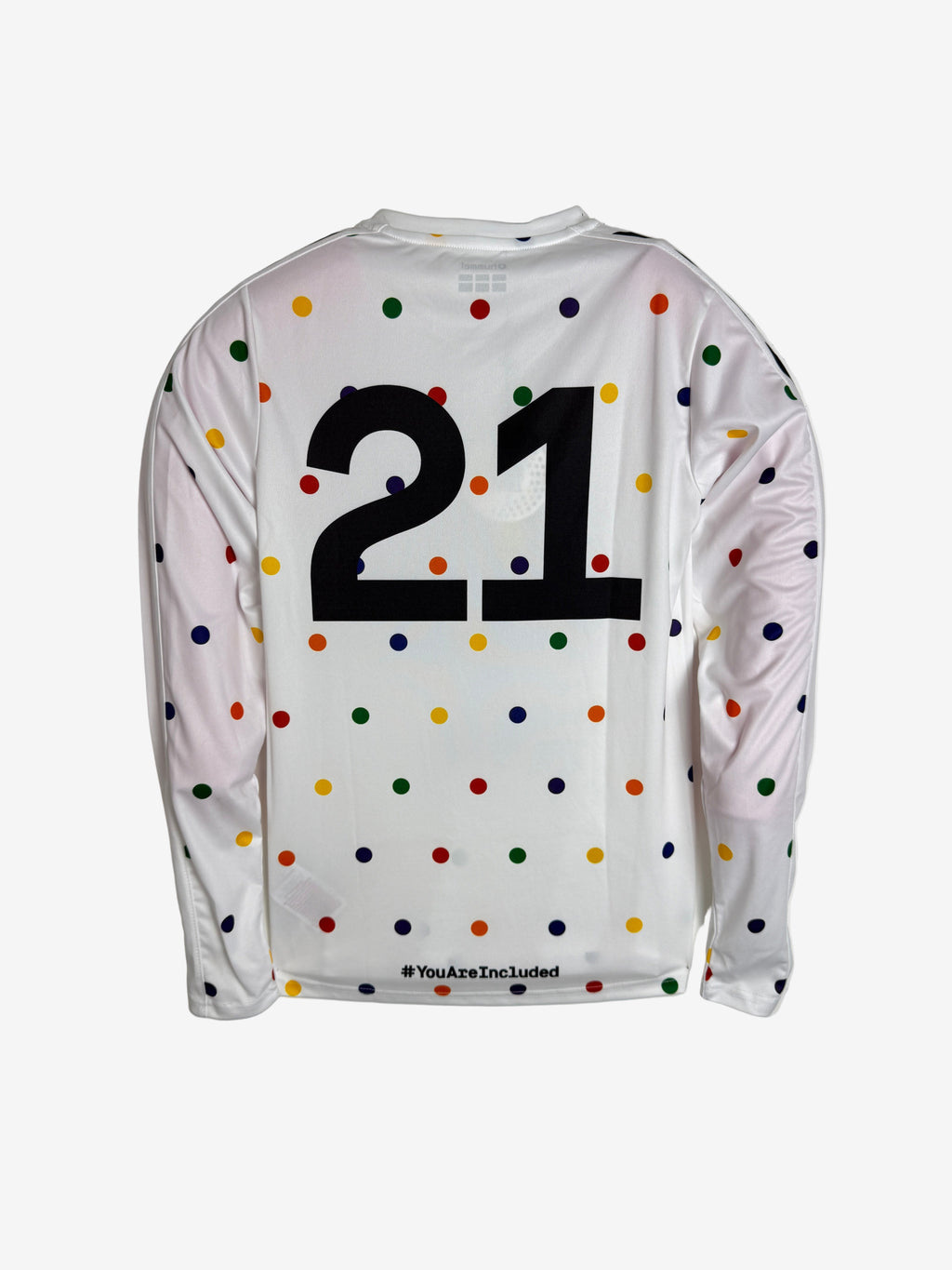 White long-sleeve shirt with colorful polka dots and black number 21 on a light gray background