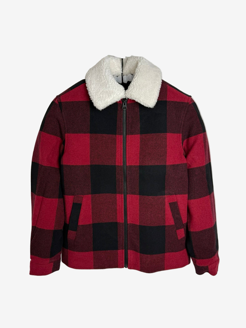 Red and black checkered jacket with white fur collar on a white background