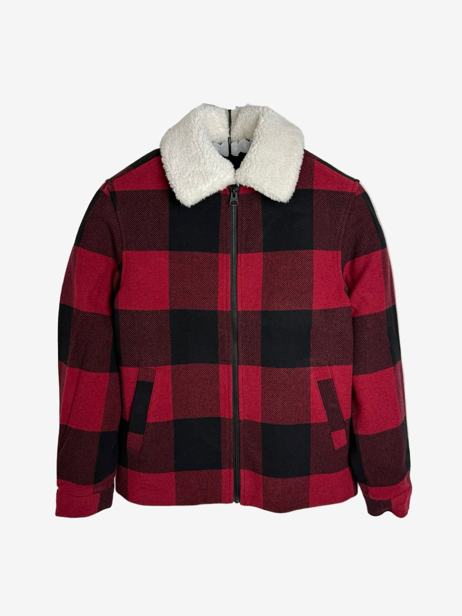 Red and black checkered jacket with white fur collar on a white background