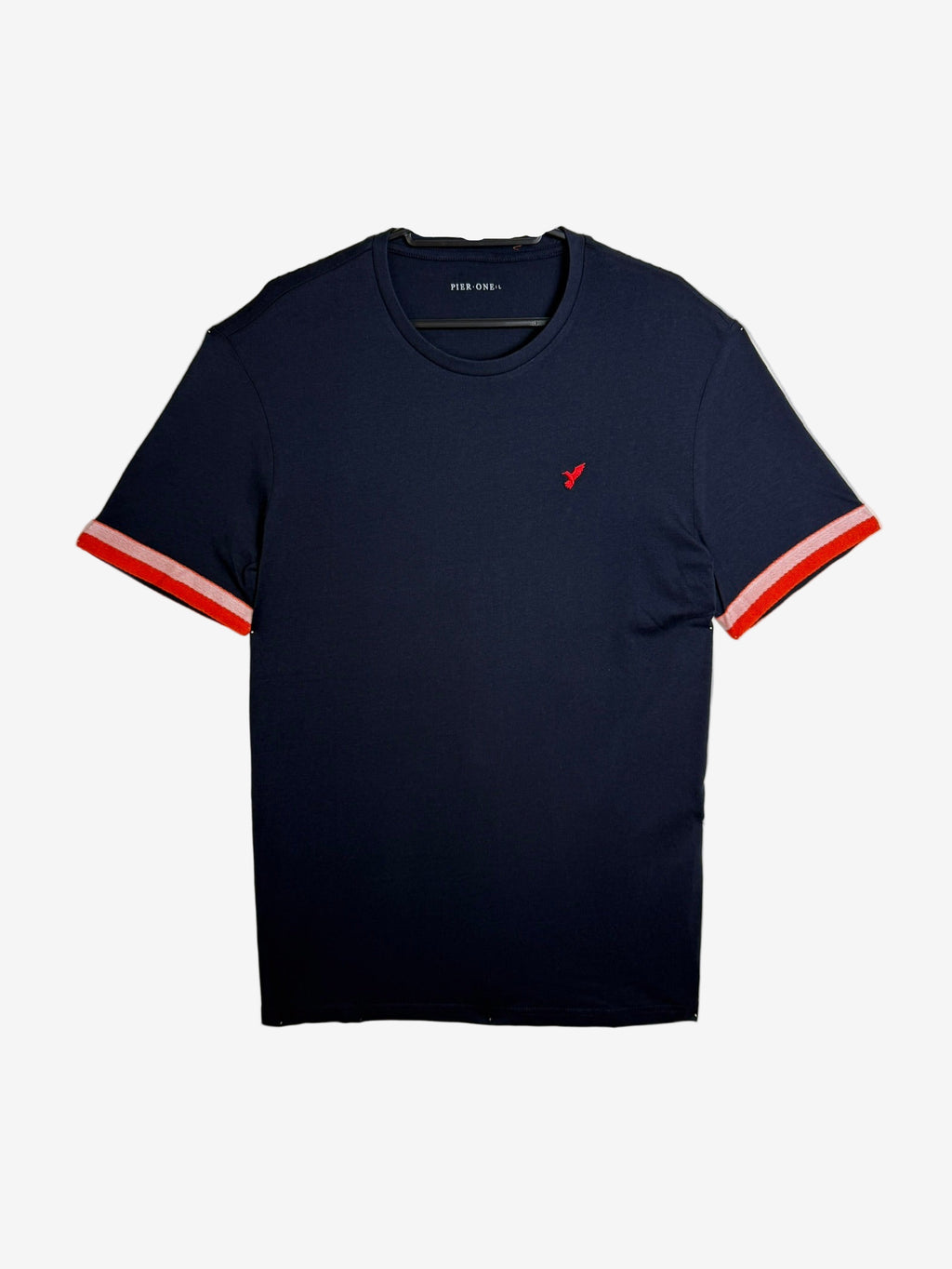 Navy blue t-shirt with red accents on a white background