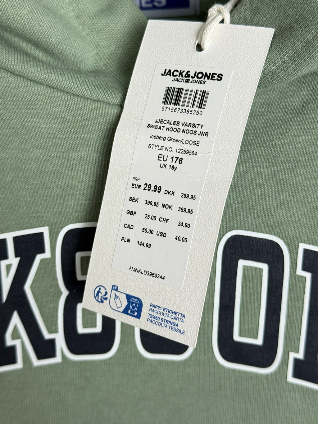 Jack & Jones Caleb Varsity Hoodie dětská mikina s kapucí - zelená 176