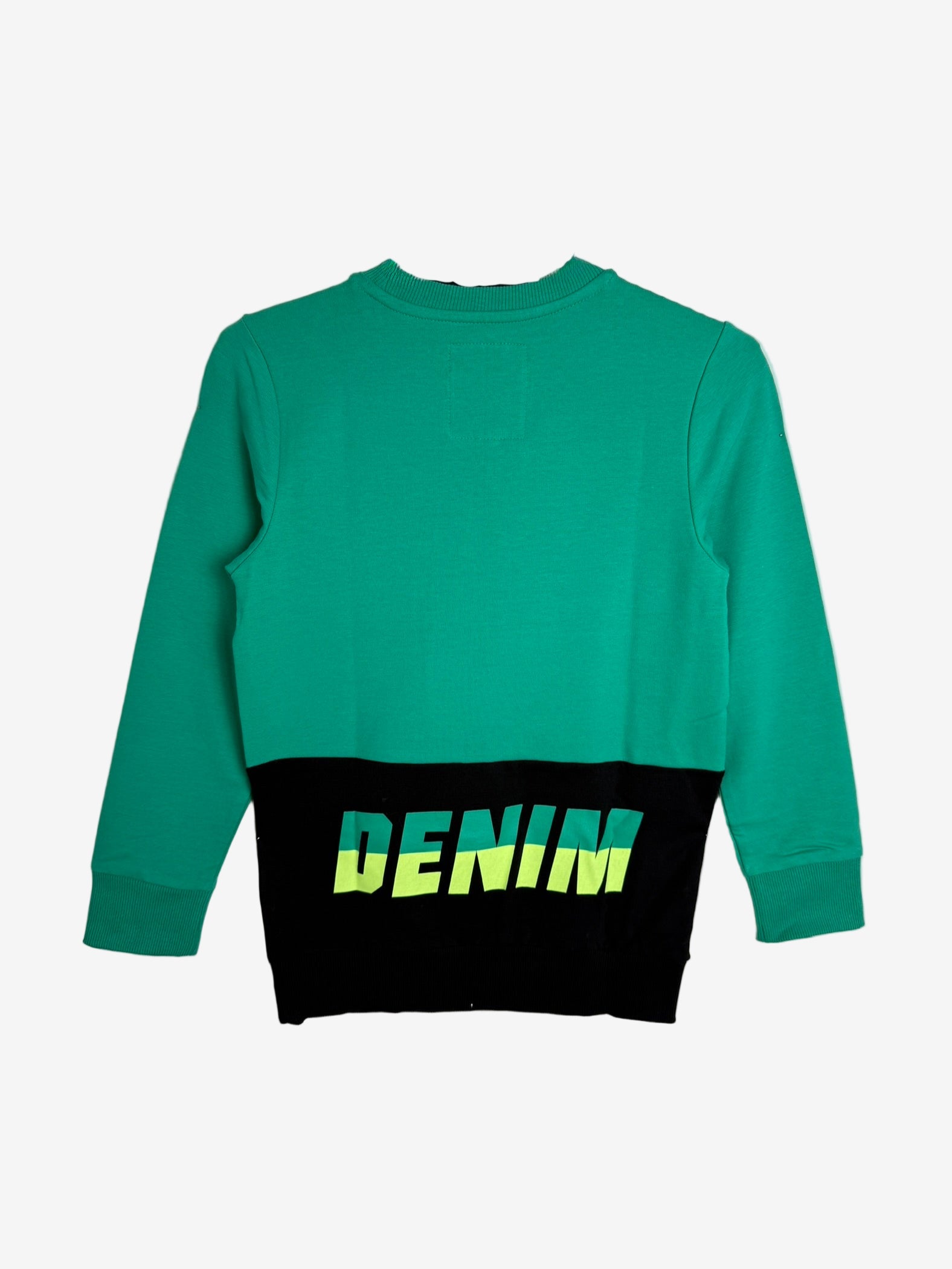 Green and black sweatshirt with 'DENIM' text on a white background