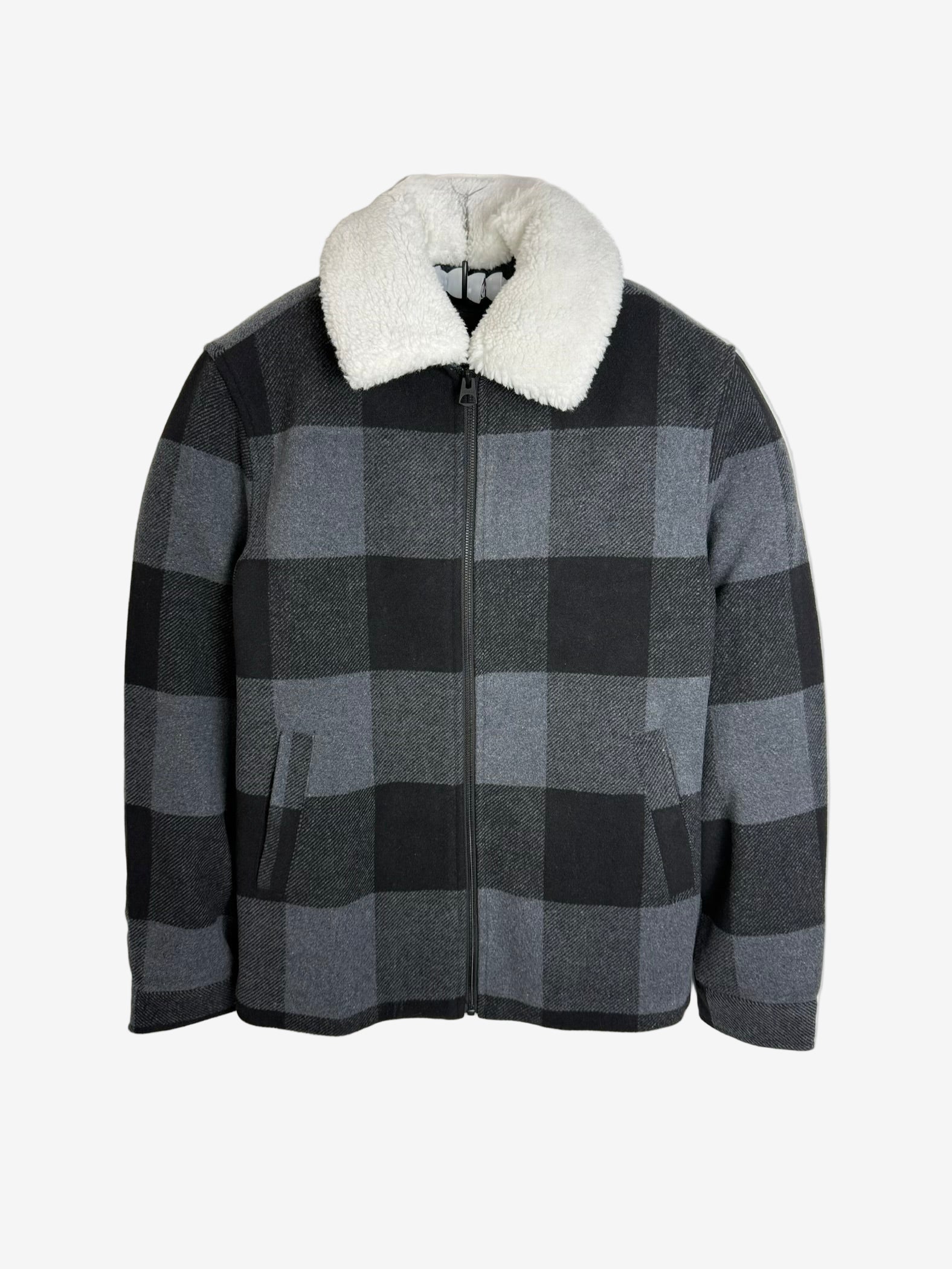 Bunda Only &amp; Sons Oberon Check Jacket Pánská bunda s chlupatým límečkem šedá M