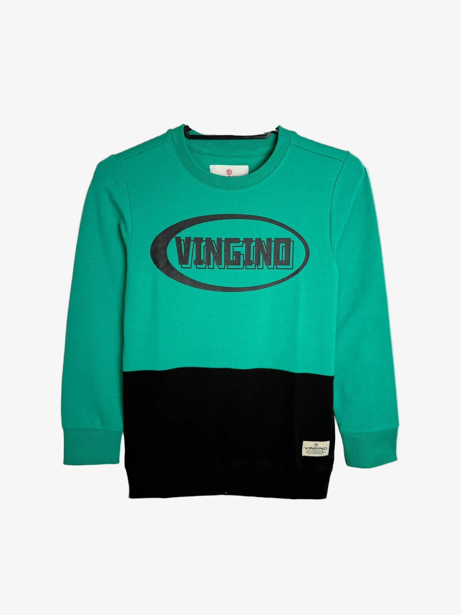 Green and black sweater with 'Vingino' logo on a white background