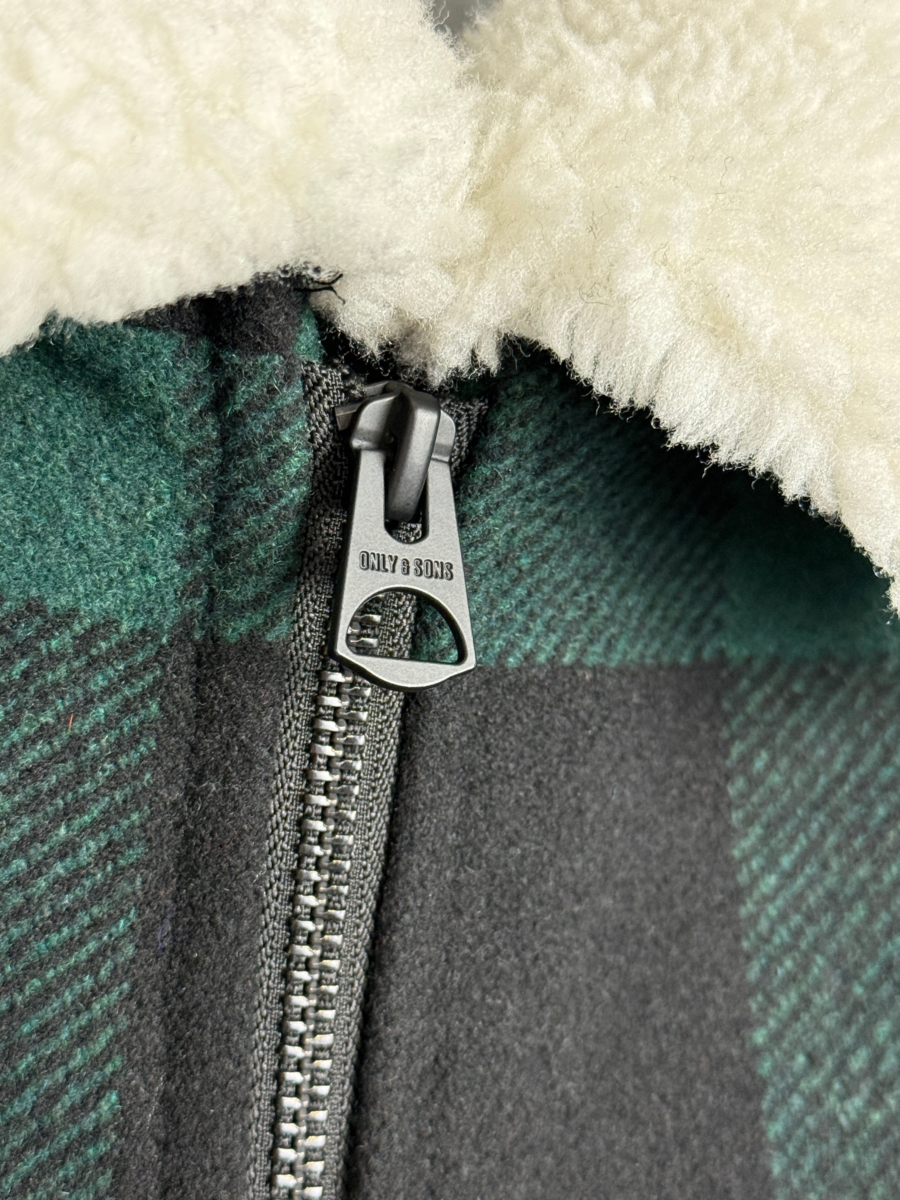 Only & Sons Oberon Check Jacket - Pánská bunda s chlupatým límečkem zelená M