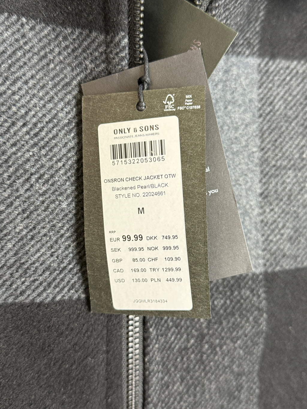 Bunda Only &amp; Sons Oberon Check Jacket Pánská bunda s chlupatým límečkem šedá M