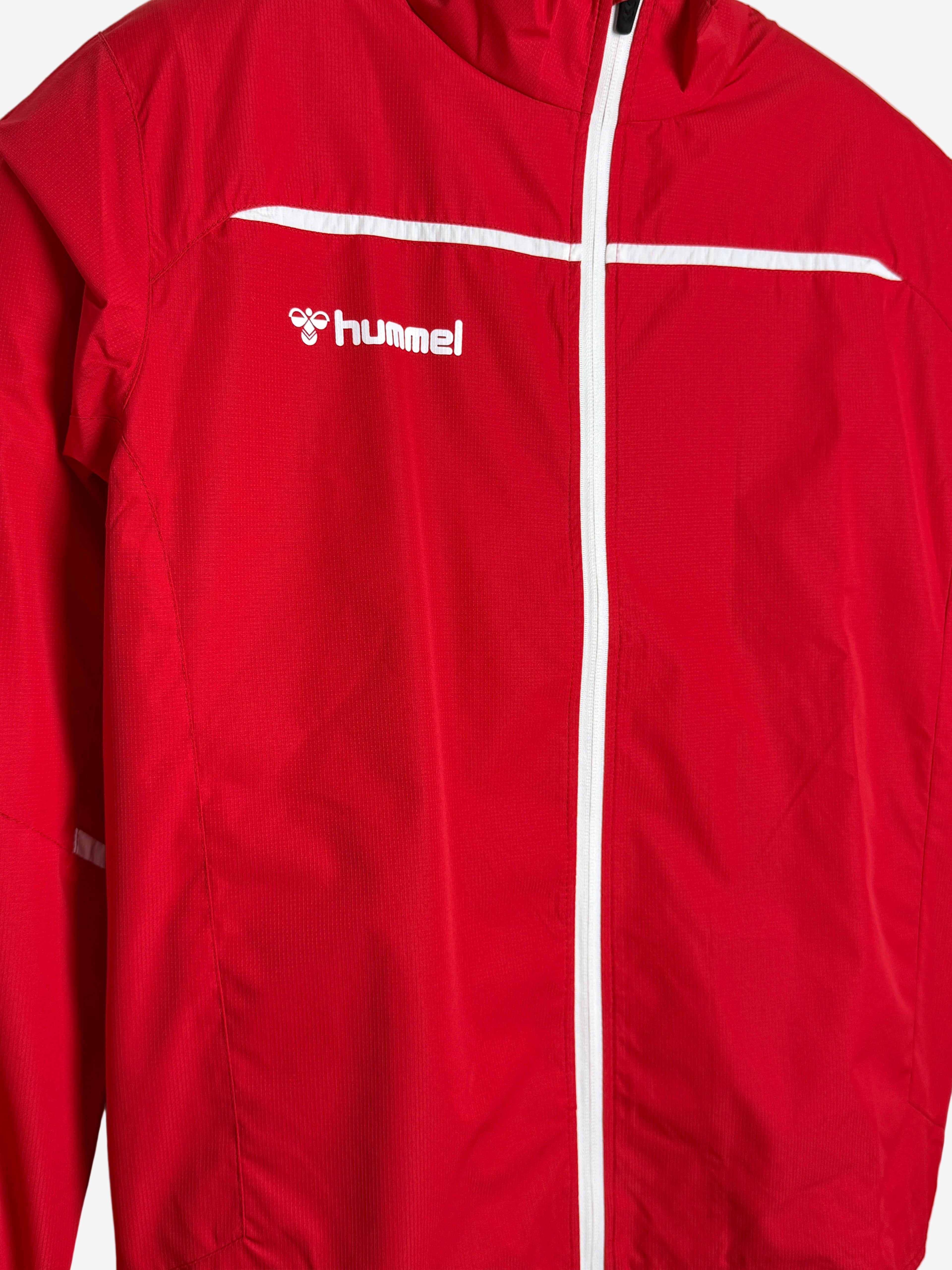 Red jacket with a white logo on a white background