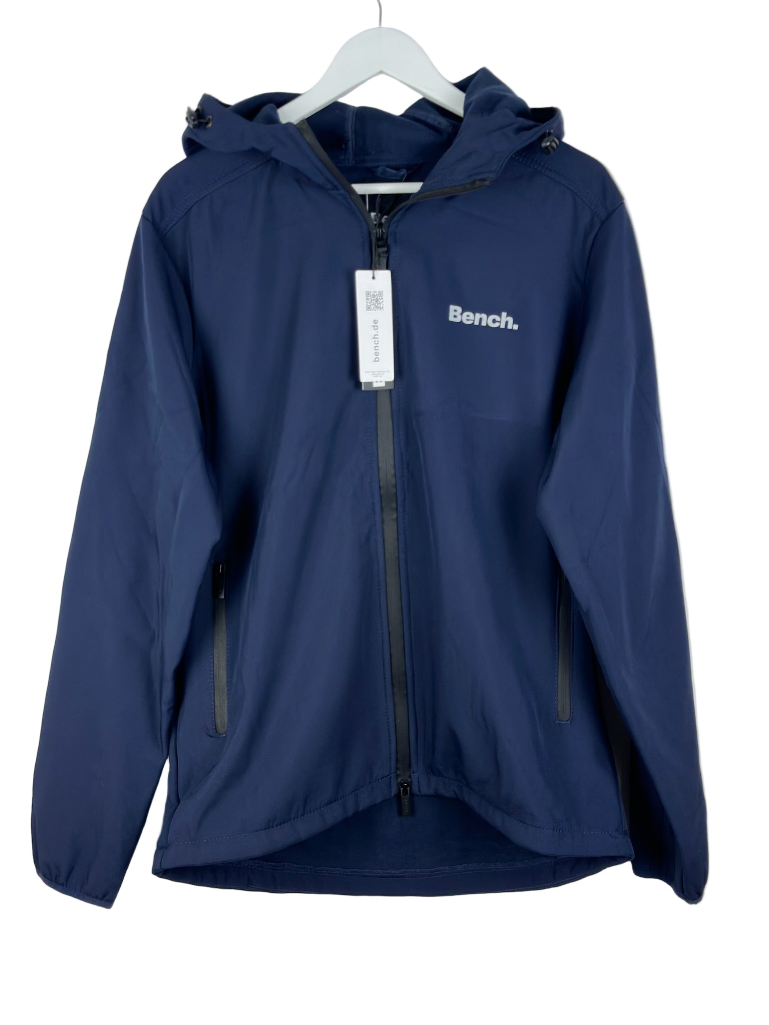 Navy blue jacket with 'Bench' logo on a white background